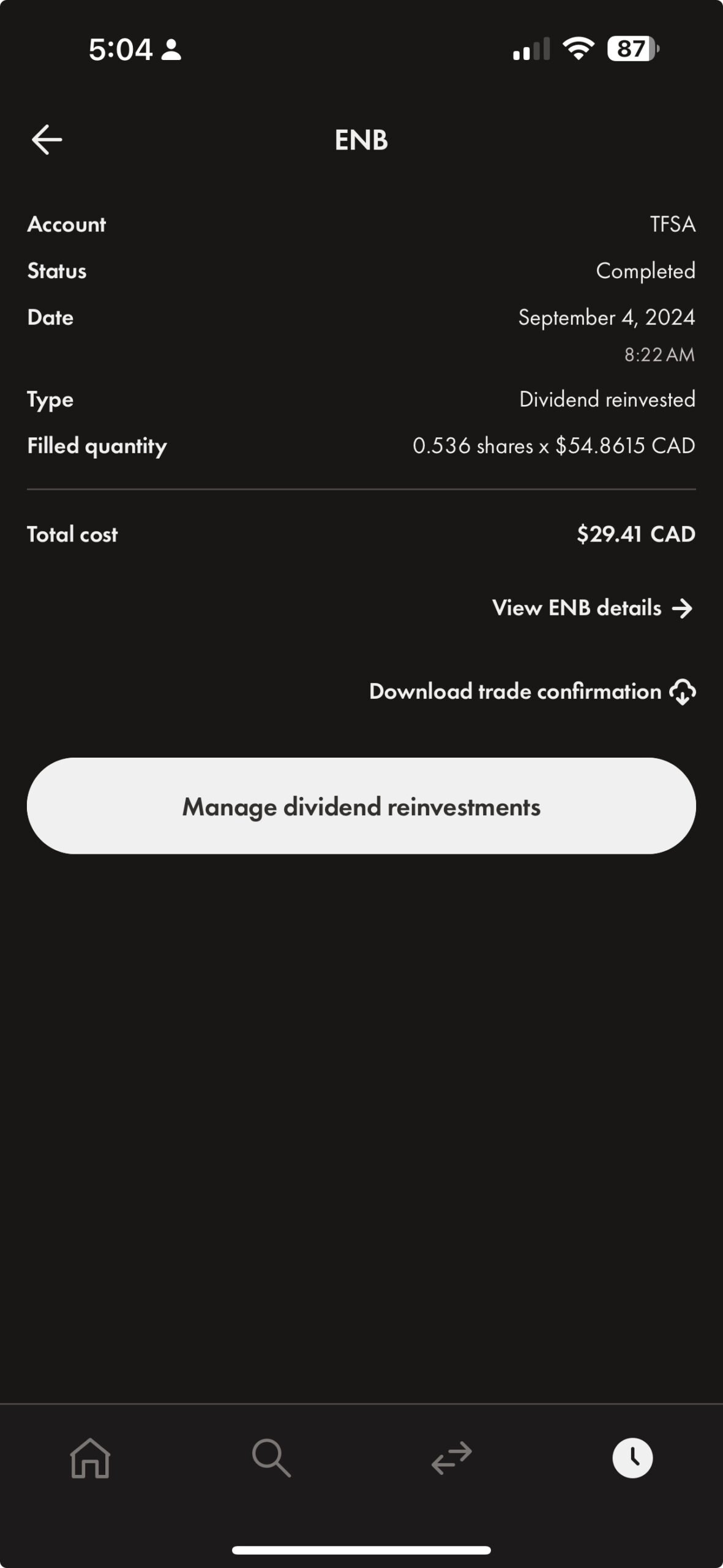 Screenshot of dividend reinvestment for ENB in a TFSA account