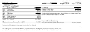 Sample credit card statement showing account summary, previous balance, payments, purchases, fees, and new balance with a minimum payment due on a specified date.