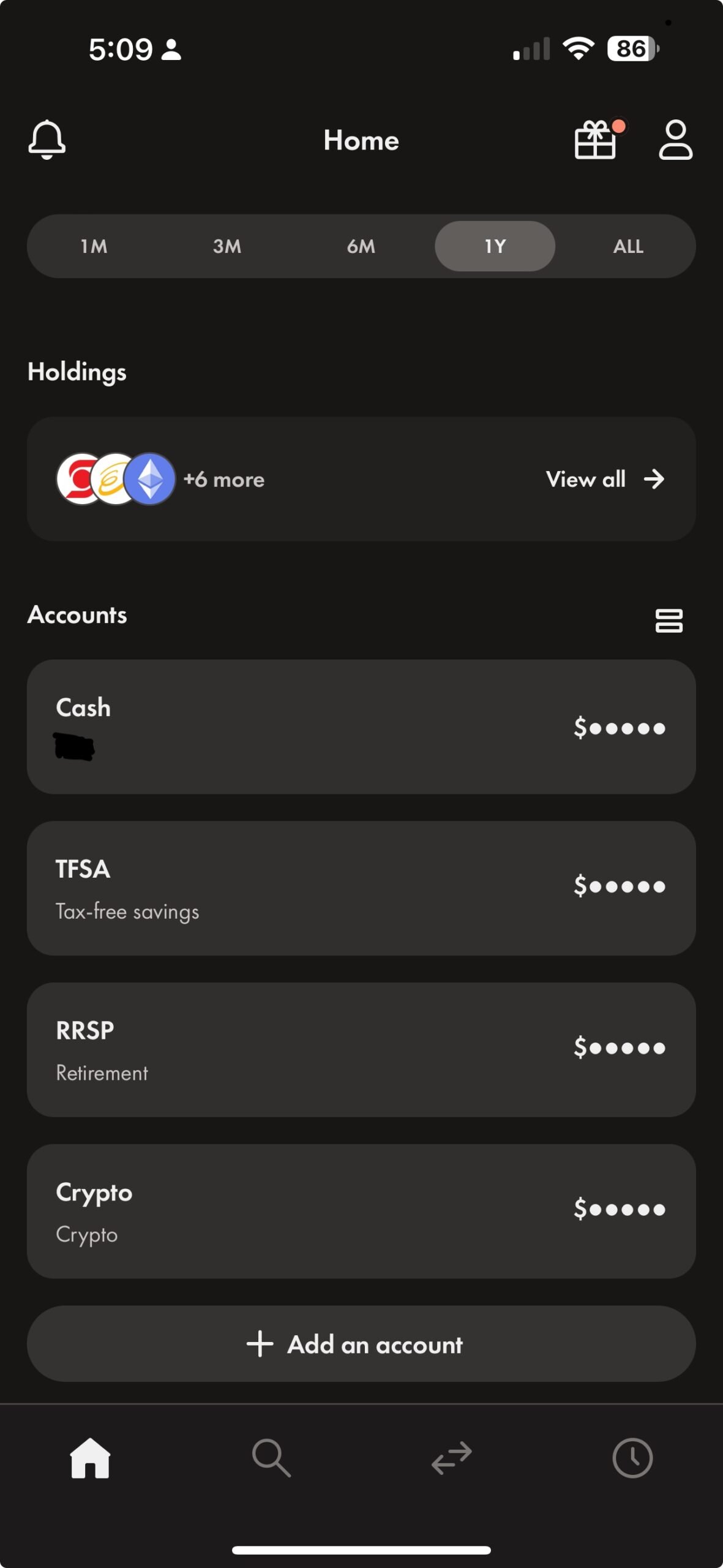 Screenshot of a user’s WealthSimple account overview showing different account types and holdings.